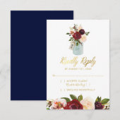 Rustic Mason Jar Burgundy Navy Gold Wedding RSVP Karte (Vorne/Hinten)