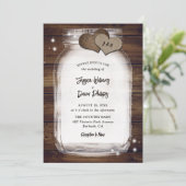 Rustic Mason Jar Burlap Hearts Barn Wood Wedding Einladung (Stehend Vorderseite)