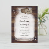 Rustic Mason Jar Burlap Hearts Barn Wood Wedding Einladung (Stehend Vorderseite)