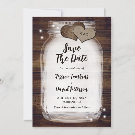 Rustic Mason Jar Burlap Hearts Monogram Wedding Save The Date (Vorderseite)