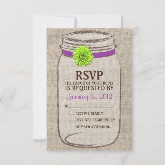 Rustic Mason Jar & Burlap Lila Green RSVP Card (Vorderseite)