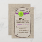 Rustic Mason Jar & Burlap Lila Green RSVP Card (Vorne/Hinten)