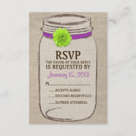 Rustic Mason Jar & Burlap Lila Green RSVP Card Karte