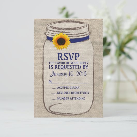 Rustic Mason Jar & Burlap- und Sunflower-RSVP-Kart RSVP Karte (Stehend Vorderseite)