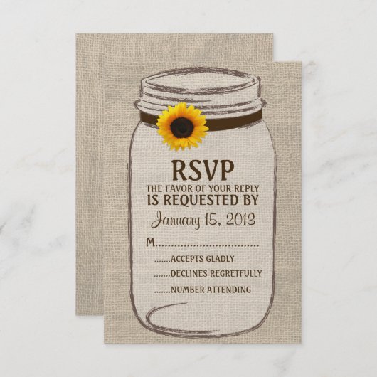 Rustic Mason Jar & Burlap- und Sunflower-RSVP-Kart RSVP Karte (Vorne/Hinten)