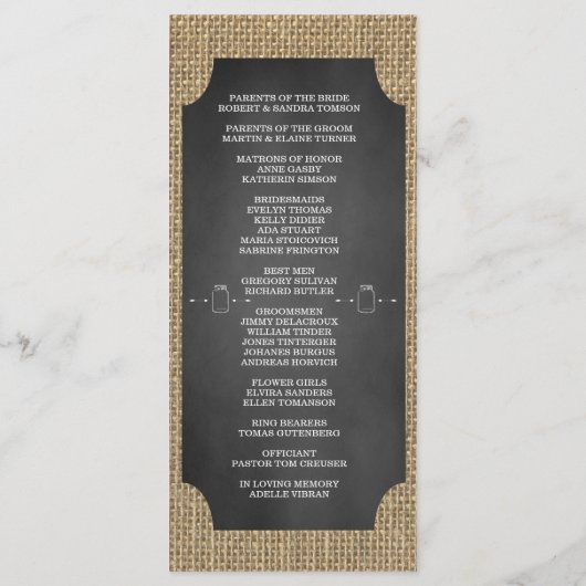 Rustic Mason Jar Burlap Wedding Programm Custom (Rückseite)