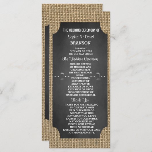 Rustic Mason Jar Burlap Wedding Programm Custom (Vorne/Hinten)