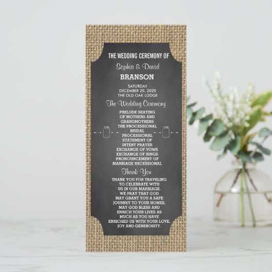 Rustic Mason Jar Burlap Wedding Programm Custom (Stehend Vorderseite)