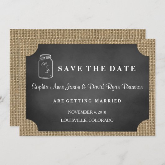 Rustic Mason Jar Burlap Wedding SPAREN DAS DATUM Save The Date (Vorne/Hinten)
