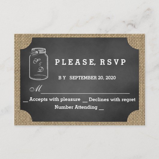 Rustic Mason Jar Chalkboard Burlap Wedding RSVP (Vorderseite)