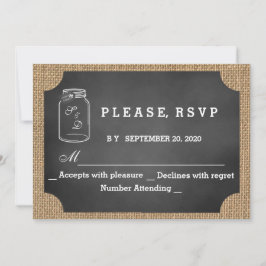 Rustic Mason Jar Chalkboard Burlap Wedding RSVP Karte