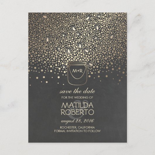 Rustic Mason Jar Fireflies Gold Save the Date Ankündigungspostkarte (Vorderseite)