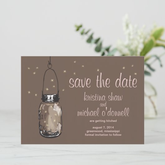 Rustic Mason Jar & Fireflies Save the Date (Stehend Vorderseite)