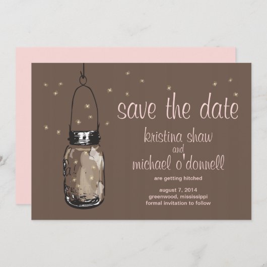Rustic Mason Jar & Fireflies Save the Date (Vorne/Hinten)