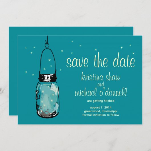 Rustic Mason Jar & Fireflies Save the Date (Vorne/Hinten)