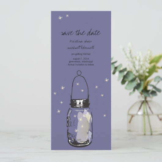 Rustic Mason Jar & Fireflies Save the Date (Stehend Vorderseite)