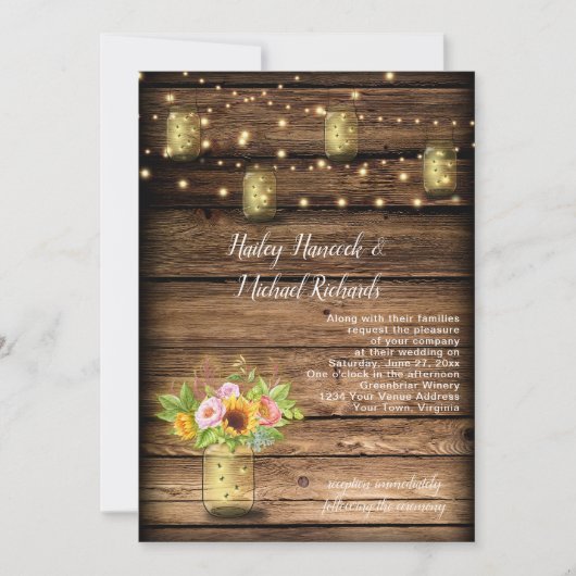 Rustic Mason Jar Fireflies Sonnenblumen String Lig Einladung (Vorderseite)
