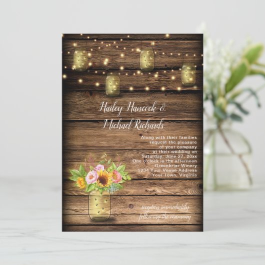 Rustic Mason Jar Fireflies Sonnenblumen String Lig Einladung (Stehend Vorderseite)