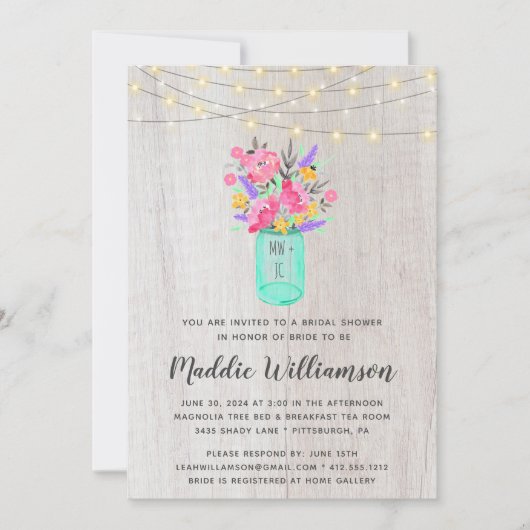 Rustic Mason Jar Floral Lights Brautparty Invi Einladung (Vorderseite)