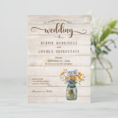 Rustic Mason Jar Floral on Wood Wedding Invitation Einladung (Stehend Vorderseite)