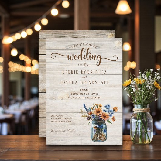 Rustic Mason Jar Floral on Wood Wedding Invitation Einladung