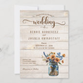 Rustic Mason Jar Floral on Wood Wedding Invitation Einladung (Vorderseite)