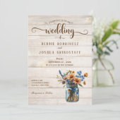 Rustic Mason Jar Floral on Wood Wedding Invitation Einladung (Stehend Vorderseite)