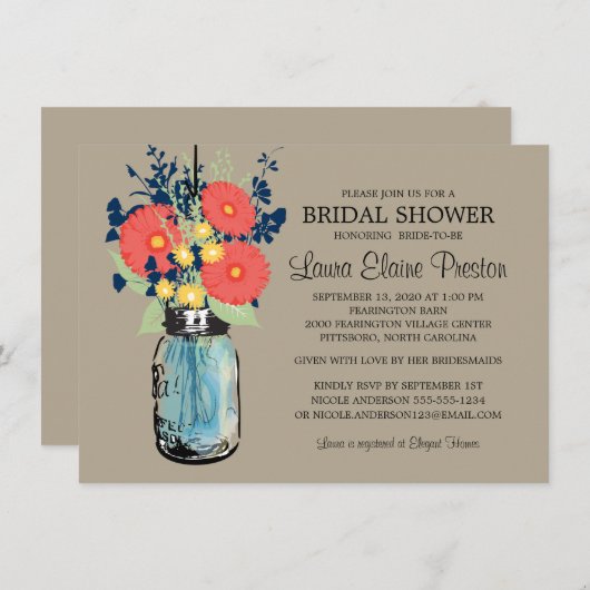 Rustic Mason Jar Gerber Daisies Brautparty Einladung (Vorne/Hinten)