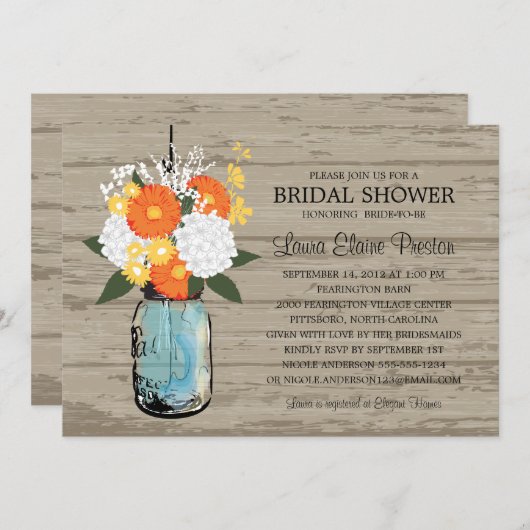 Rustic Mason Jar Gerber Daisies Brautparty Einladung (Vorne/Hinten)