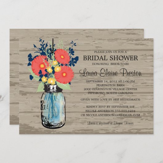 Rustic Mason Jar Gerber Daisies Brautparty Einladung (Vorne/Hinten)