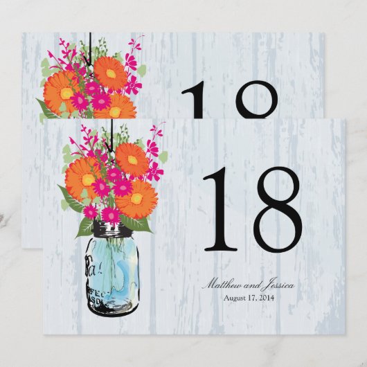 Rustic Mason Jar Gerber Daisies Tischnummer (Vorne/Hinten)