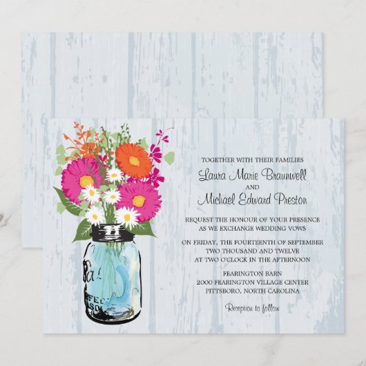 Rustic Mason Jar & Gerbera Daisies Wedding Einladung (Vorne/Hinten)