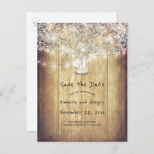 Rustic Mason Jar Gipskraut Barn Save the Date Ankündigungspostkarte (Vorne/Hinten)
