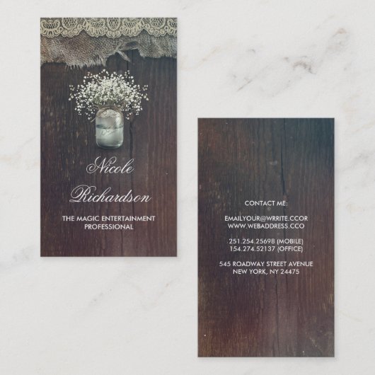 Rustic Mason Jar Gipskraut und Barnholz Visitenkarte (Vorne/Hinten)