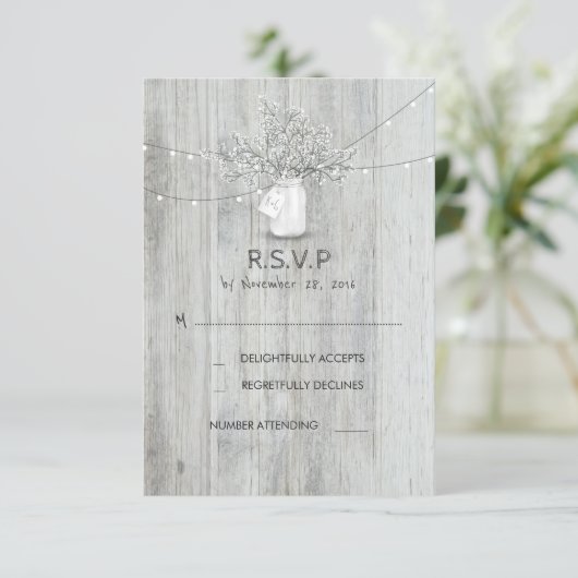 Rustic Mason Jar Gipskraut Wedding RSVP Cards (Stehend Vorderseite)