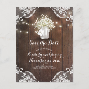 Rustic Mason Jar Gipskraut Wood Save the Date Ankündigungspostkarte