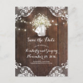 Rustic Mason Jar Gipskraut Wood Save the Date Ankündigungspostkarte (Vorderseite)