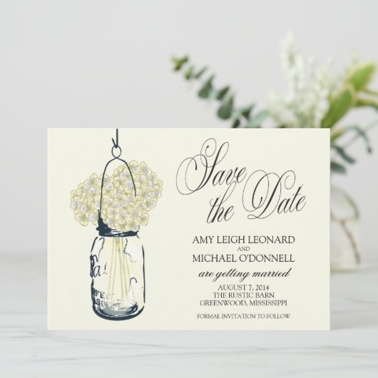 Rustic Mason Jar Hydrangrea Save the Date Einladung (Stehend Vorderseite)