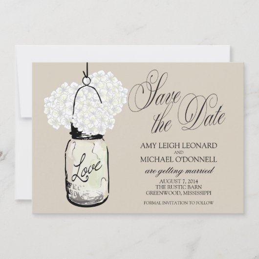 Rustic Mason Jar Hydrangrea Save the Date Einladung (Vorderseite)