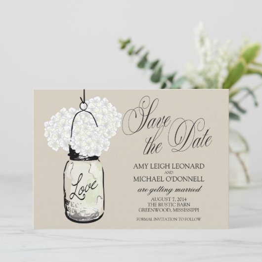 Rustic Mason Jar Hydrangrea Save the Date Einladung (Stehend Vorderseite)