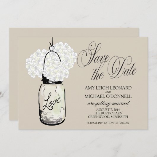 Rustic Mason Jar Hydrangrea Save the Date Einladung (Vorne/Hinten)