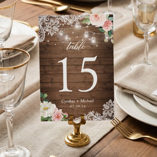 Rustic Mason Jar Light Floral Wedding Tischnummer