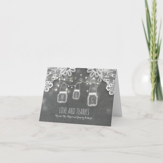 Rustic Mason Jar Lights and Lace Wedding Vielen Da Dankeskarte (Vorderseite)