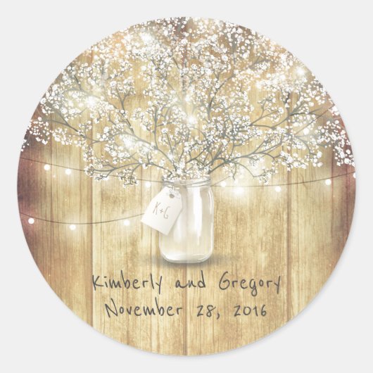 Rustic Mason Jar Lights Gipskraut Wedding Runder Aufkleber (Vorderseite)
