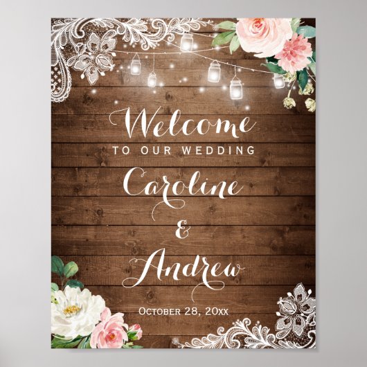 Rustic Mason Jar Lights Lace Floral Wedding Sign Poster (Vorne)