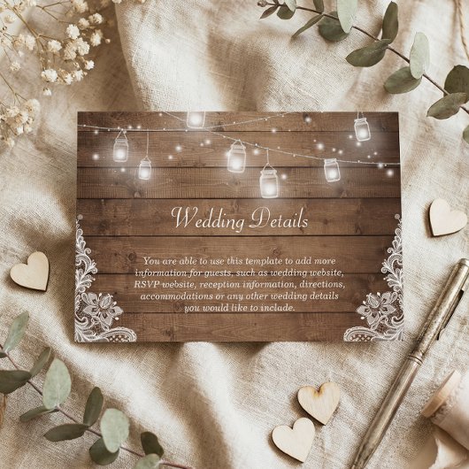 Rustic Mason Jar Lights Lace Wedding Details Begleitkarte