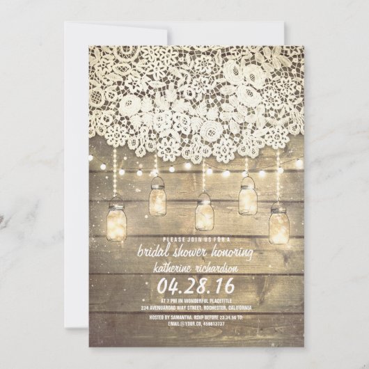 Rustic Mason Jar Lights Lace Wood Brautparty Einladung (Vorderseite)