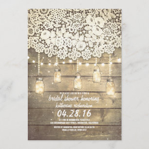 Rustic Mason Jar Lights Lace Wood Brautparty Einladung