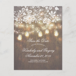Rustic Mason Jar Lights Lace Wood Save the Date Ankündigungspostkarte
