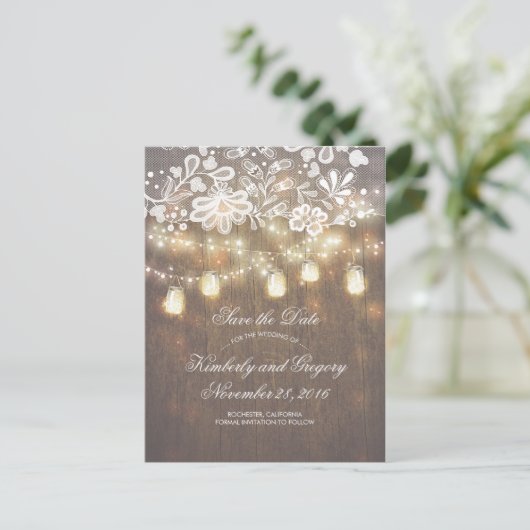 Rustic Mason Jar Lights Lace Wood Save the Date Ankündigungspostkarte (Stehend Vorderseite)